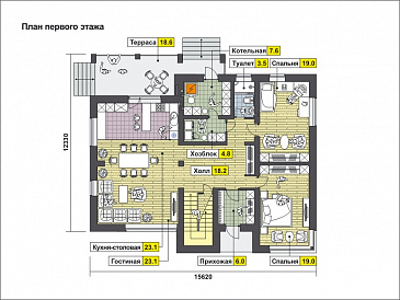Проект дома с мансардными окнами, вторым светом, вытянутой крытой террасой, объединенной кухней-гостиной / План 1 этажа