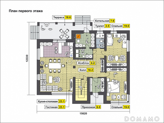 Проект дома с мансардными окнами, вторым светом, вытянутой крытой террасой, объединенной кухней-гостиной / План 1 этажа