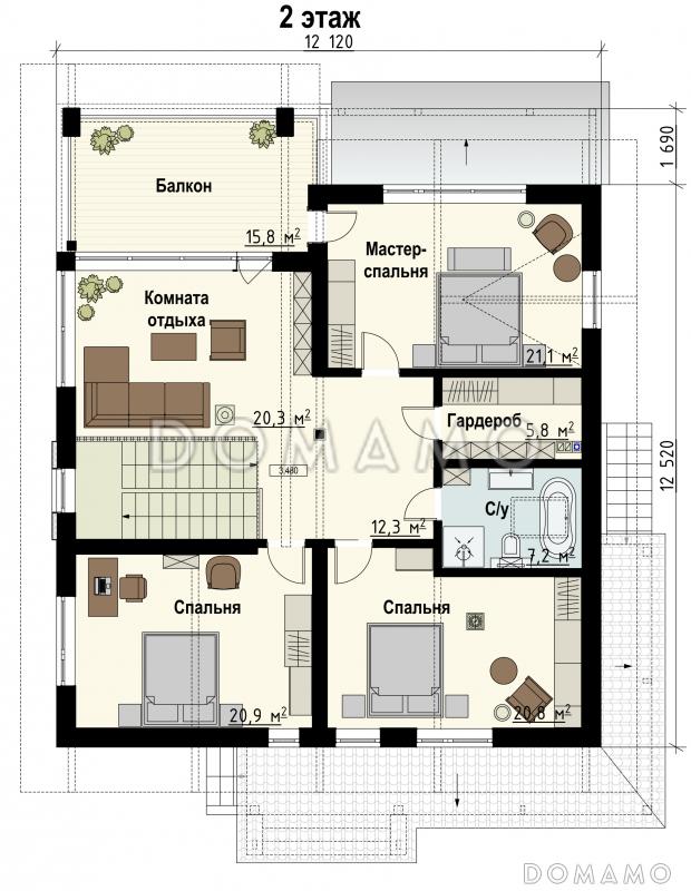 Проект загородного дома в стиле шале с верандой, балконом, сауной, бильярдной / План мансардного этажа
