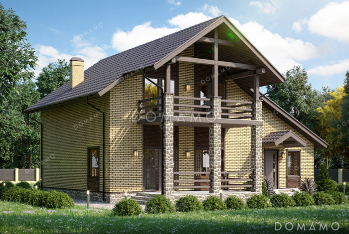 Проект дома с гаражом, тремя спальнями на мансарде и широким балконом