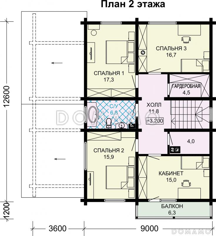 Проект деревянного дома с мансардой и навесом для машины / План мансардного этажа