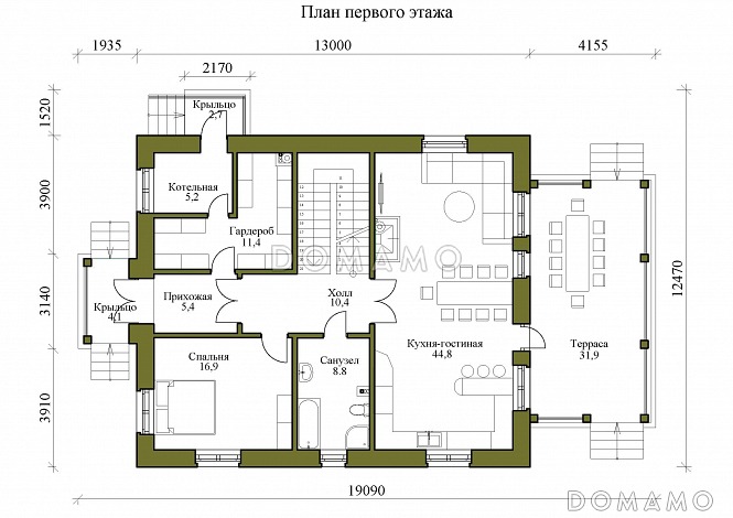 Проект двухэтажного дома с бильярдной и мансардой / План 1 этажа Проект двухэтажного дома с бильярдной и мансардой / План 1 этажа