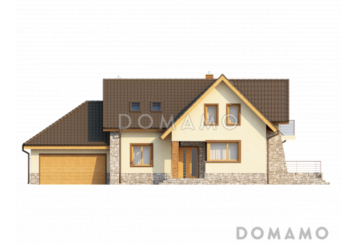 Проект просторного одноэтажного мансардного дома из кирпича с кабинетом, четырьмя спальнями и гаражом на два автомобиля / Фасад 1