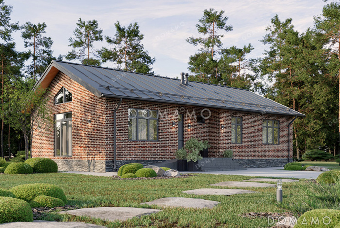 Проект одноэтажного дома с двускатной крышей, 4 спальнями и совмещенной кухней-гостиной Проект одноэтажного дома с двускатной крышей, 4 спальнями и совмещенной кухней-гостиной