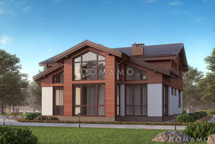 Проект дома по технологии ЛСТК с панорамными окнами и натуральной черепицей Проект дома по технологии ЛСТК с панорамными окнами и натуральной черепицей