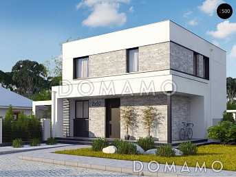 Проект современного двухэтажного дома из газобетона с плоской крышей, четырьмя комнатами и угловым остеклением гостиной Проект современного двухэтажного дома из газобетона с плоской крышей, четырьмя комнатами и угловым остеклением гостиной