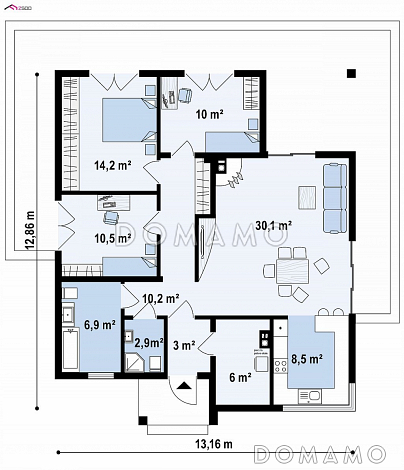 Проект одноэтажного дома из кирпича с тремя спальнями, просторной дневной зоной и большой террасой / План 1 этажа