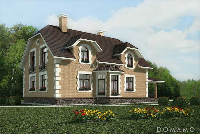 Проект коттеджа с большой террасой и французскими окнами Проект коттеджа с большой террасой и французскими окнами