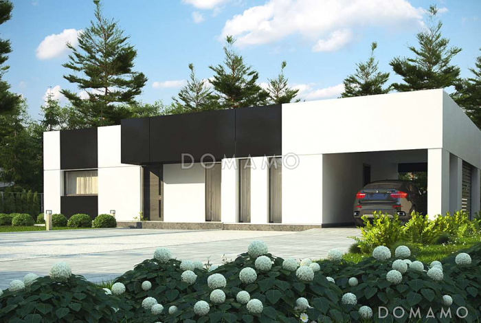 Проект современного одноэтажного дома из кирпича с плоской крышей, с тремя спальнями, террасой и навесом для двух автомобилей