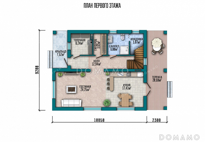 Проект двухэтажного дома с большой гостиной и террасой / План 1 этажа Проект двухэтажного дома с большой гостиной и террасой / План 1 этажа