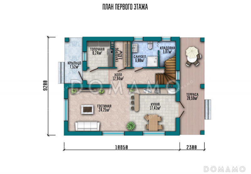 Проект двухэтажного дома с большой гостиной и террасой / План 1 этажа Проект двухэтажного дома с большой гостиной и террасой / План 1 этажа