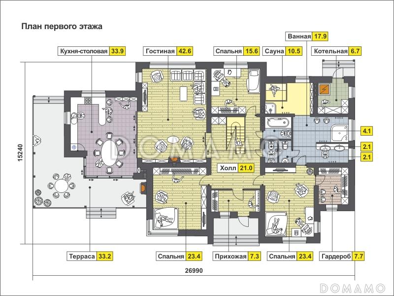 Проект дома с большой террасой с барбекю, большой гостиной с камином, спальнями на первом этаже, сауной, вторым светом / План 1 этажа