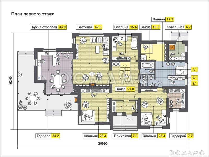 Проект дома с большой террасой с барбекю, большой гостиной с камином, спальнями на первом этаже, сауной, вторым светом / План 1 этажа