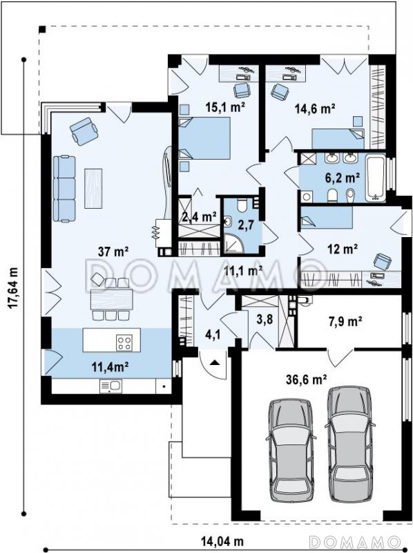 Проект просторного современного одноэтажного дома из газобетона с гаражом и тремя спальнями / План 1 этажа