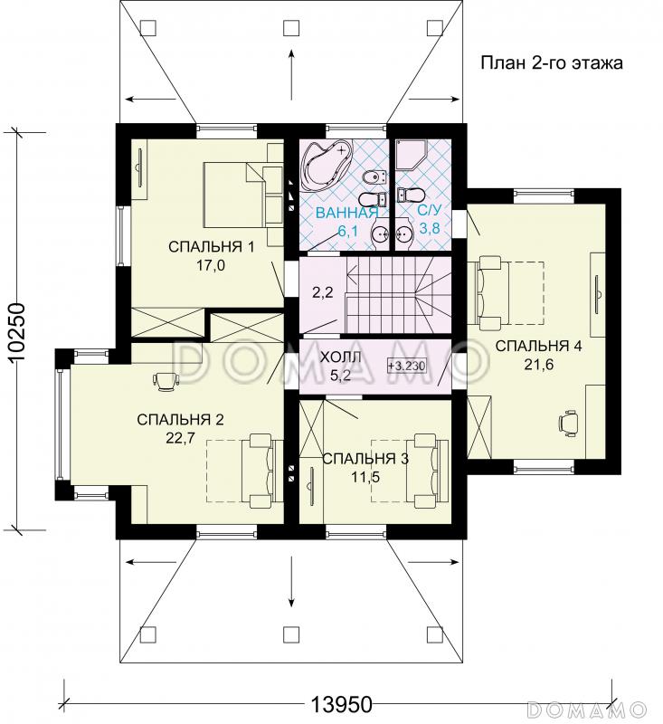 Проект двухэтажного дома из пеноблоков с гаражом для двух автомобилей / План 2 этажа