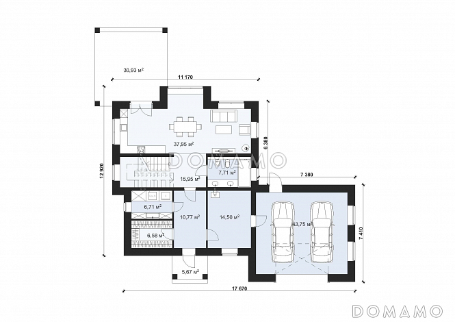Проект двухэтажного дома с гаражом на две машины в стиле Райт S-234 / План 1 этажа
