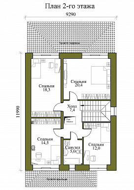 Проект двухэтажного каркасного дома с крытой террасой и четырьмя спальнями на втором этаже / План 2 этажа