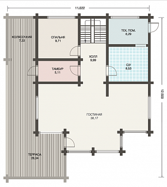 Проект дома с мансардой из клееного бруса с большим вторым светом / План 1 этажа Проект дома с мансардой из клееного бруса с большим вторым светом / План 1 этажа