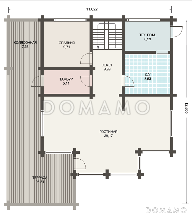 Проект дома с мансардой из клееного бруса с большим вторым светом / План 1 этажа Проект дома с мансардой из клееного бруса с большим вторым светом / План 1 этажа