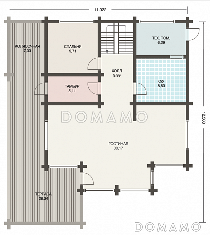Проект дома с мансардой из клееного бруса с большим вторым светом / План 1 этажа Проект дома с мансардой из клееного бруса с большим вторым светом / План 1 этажа