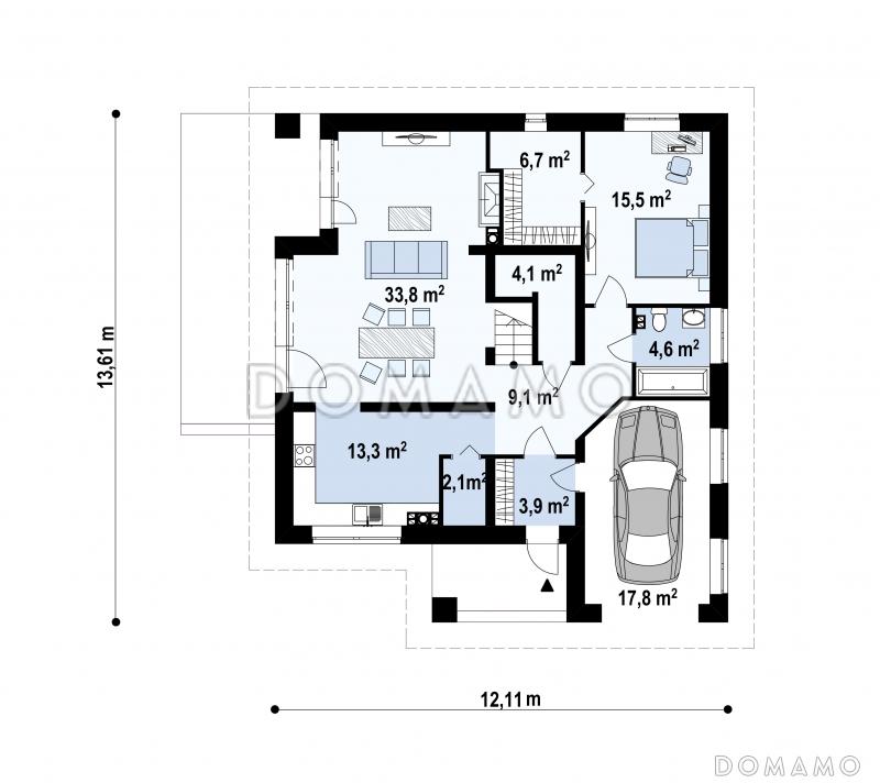 Проект мансардного дома из газобетона с четырьмя спальнями, необычным мансардным окном и гаражом  / План 1 этажа