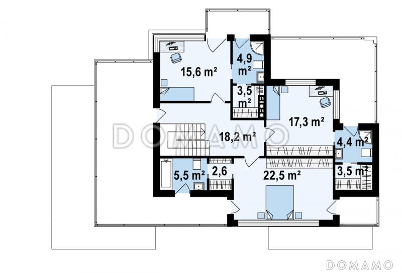 Проект просторного современного двухэтажного дома из газобетона, с пятью комнатами, гаражом и террасой над ним / План 2 этажа
