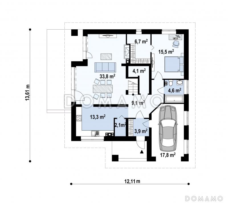 Проект мансардного дома из газобетона с четырьмя спальнями, необычным мансардным окном и гаражом  / План 1 этажа