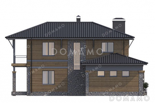 Проект двухэтажного дома с террасой, гаражом на два автомобиля и подвалом / Фасад 2