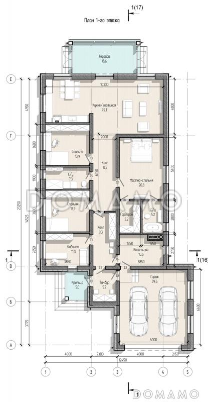 Проект одноэтажного дома с мастер-спальней, кабинетом, гаражом на 2 машины и застекленной террасой / План 1 этажа Проект одноэтажного дома с мастер-спальней, кабинетом, гаражом на 2 машины и застекленной террасой / План 1 этажа