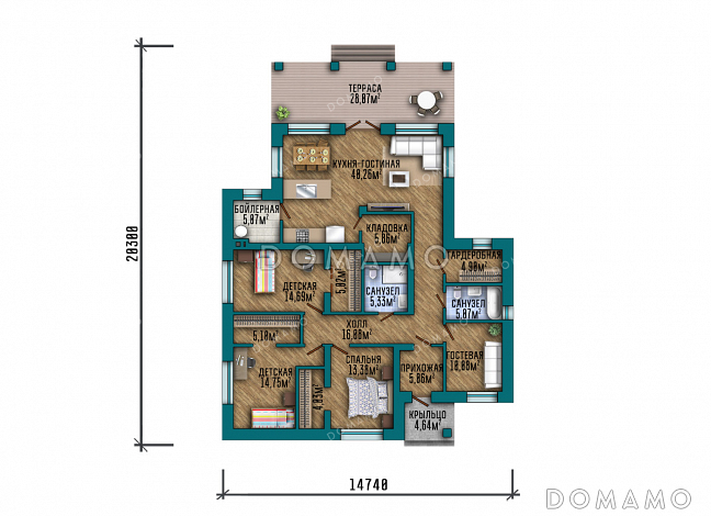 Проект дома с 4 спальнями и дневной зоной со вторым светом / План 1 этажа Проект дома с 4 спальнями и дневной зоной со вторым светом / План 1 этажа