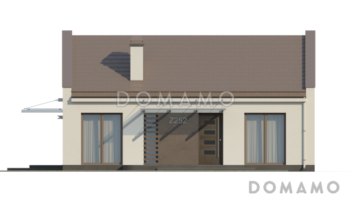 Проект компактного одноэтажного дома из кирпича с двумя спальнями и большой угловой открытой террасой / Фасад 4