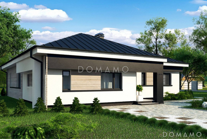 Проект загородного дома с хозяйской спальней, кухней с кладовой, ванной с окном