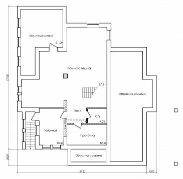 Проект особняка в трех уровнях, с комнатой отдыха на чердаке, с мастерской, гаражом и навесом под автомобиль / План цокольного этажа Проект особняка в трех уровнях, с комнатой отдыха на чердаке, с мастерской, гаражом и навесом под автомобиль / План цокольного этажа