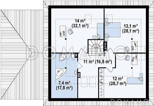 Проект большого одноэтажного мансардного дома из газобетона с тремя спальнями на каждом этаже и гаражом / План мансардного этажа