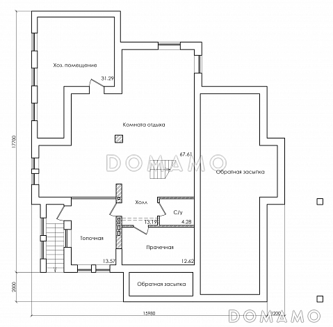 Проект особняка в трех уровнях, с комнатой отдыха на чердаке, с мастерской, гаражом и навесом под автомобиль / План цокольного этажа Проект особняка в трех уровнях, с комнатой отдыха на чердаке, с мастерской, гаражом и навесом под автомобиль / План цокольного этажа