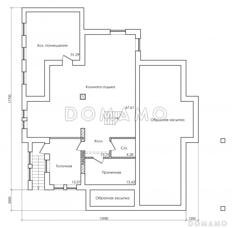 Проект особняка в трех уровнях, с комнатой отдыха на чердаке, с мастерской, гаражом и навесом под автомобиль / План цокольного этажа