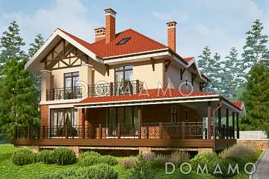 Проект дома с цокольным этажом и большой крытой террасой