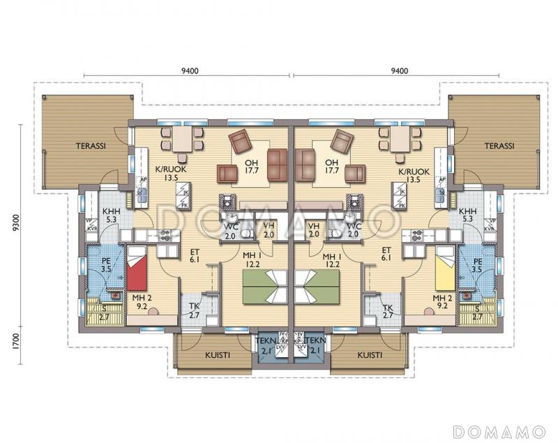 Проект каркасного дома для двух семей с широкой террасой / План 1 этажа