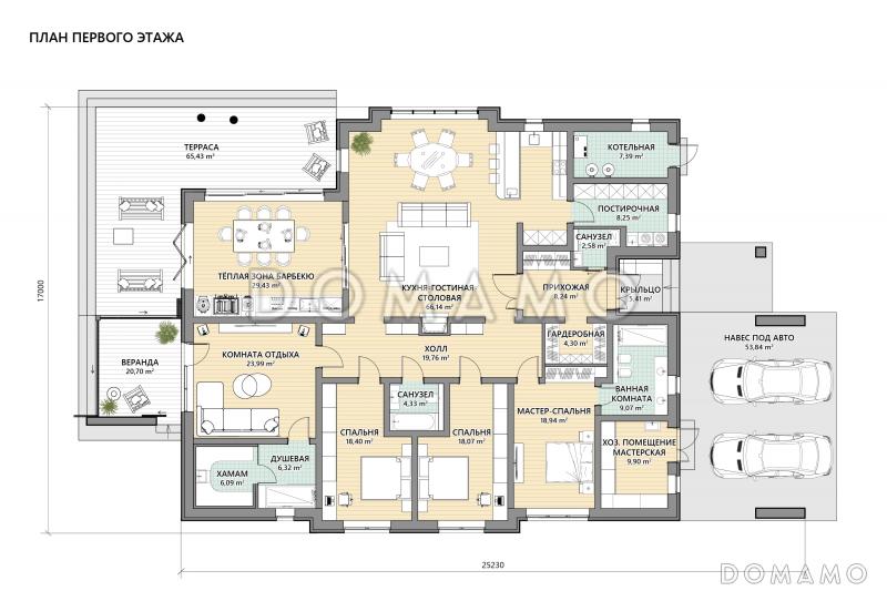 Проект дома с 3 спальнями, спа-зоной, теплой верандой с барбекю и панорамными окнами / План 1 этажа