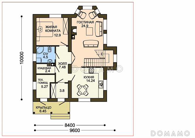 Проект вместительного коттеджа с каменными столбами крыльца и навеса / План 1 этажа Проект вместительного коттеджа с каменными столбами крыльца и навеса / План 1 этажа