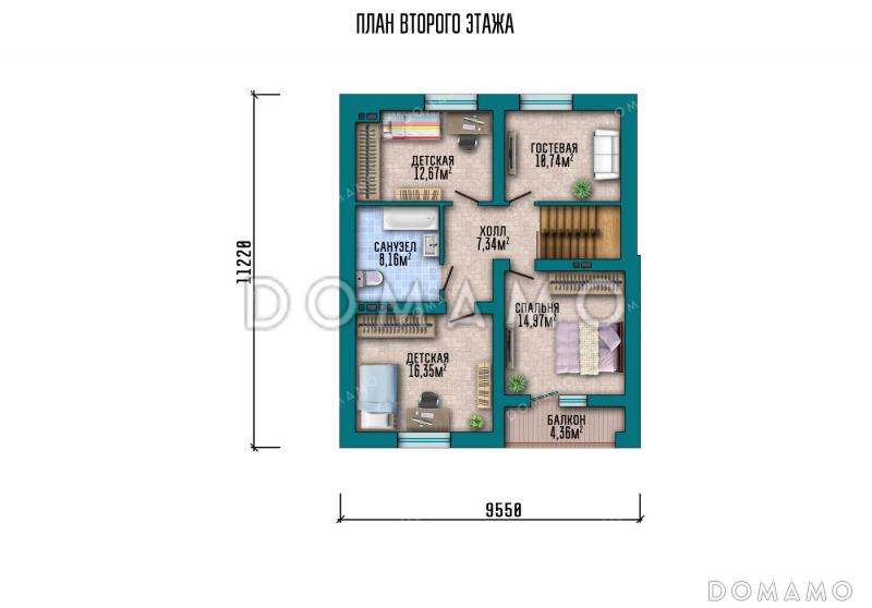 Проект дома с мансардой, двумя террасами и навесом для машины / План мансардного этажа
