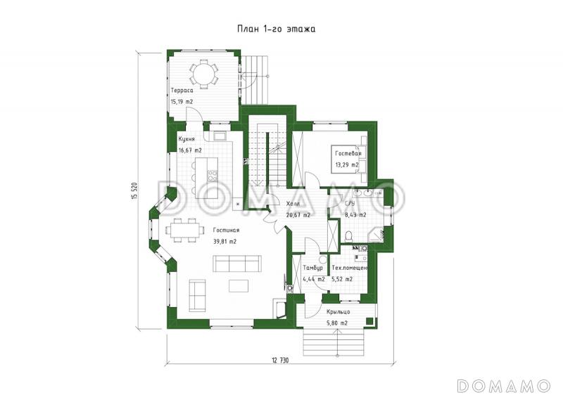 Проект двухэтажного дома с эркерной гостиной, камином и крытой террасой / План 1 этажа
