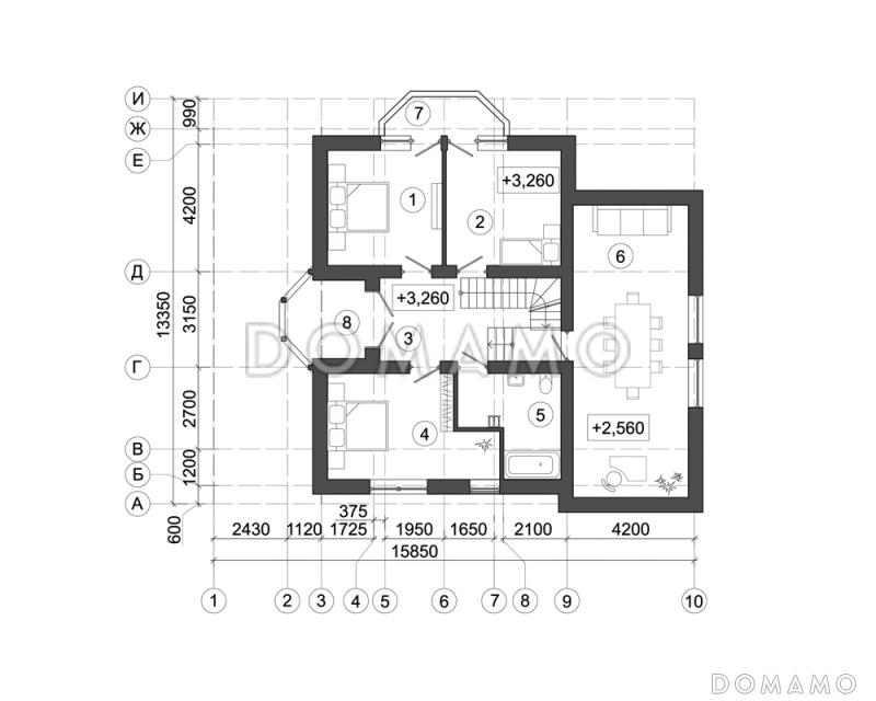 Проект вместительного дома с эркерами, гаражом и большой террасой / План мансардного этажа
