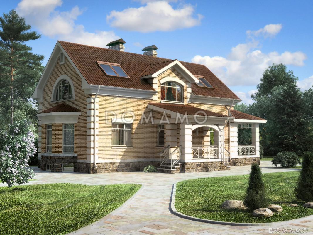 Проект гармоничного, кирпичного дома с эркером, сауной и коричневой крышей / 1