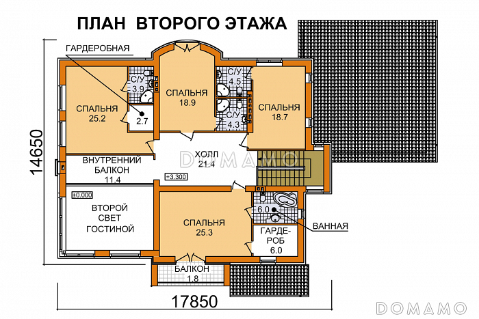 Проект дома из пеноблоков с большой открытой террасой и гаражом на две машины / План 2 этажа Проект дома из пеноблоков с большой открытой террасой и гаражом на две машины / План 2 этажа