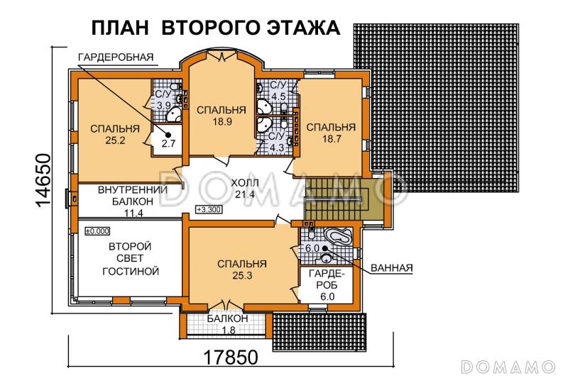 Проект дома из пеноблоков с большой открытой террасой и гаражом на две машины / План 2 этажа