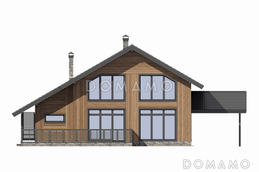 Проект дома из газобетона с большой террасой и навесом для автомобиля / Фасад сзади