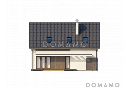 Проект одноэтажного мансардного дома из кирпича с частично крытой террасой и гаражом / Фасад 1