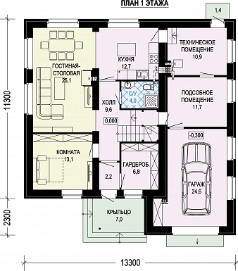 Проект двухэтажного газобетонного дома с гаражом и объединенной спальней, гардеробной и кабинетом / План 1 этажа Проект двухэтажного газобетонного дома с гаражом и объединенной спальней, гардеробной и кабинетом / План 1 этажа