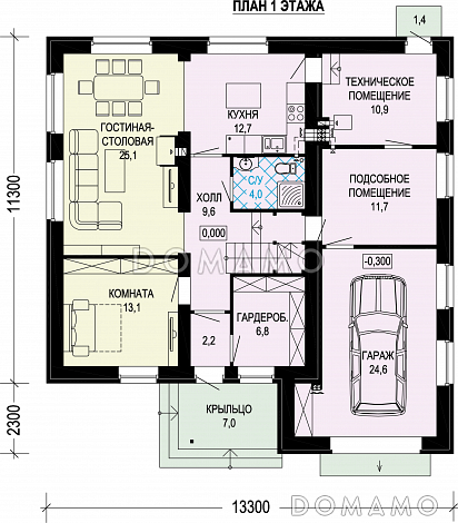 Проект двухэтажного газобетонного дома с гаражом и объединенной спальней, гардеробной и кабинетом / План 1 этажа Проект двухэтажного газобетонного дома с гаражом и объединенной спальней, гардеробной и кабинетом / План 1 этажа